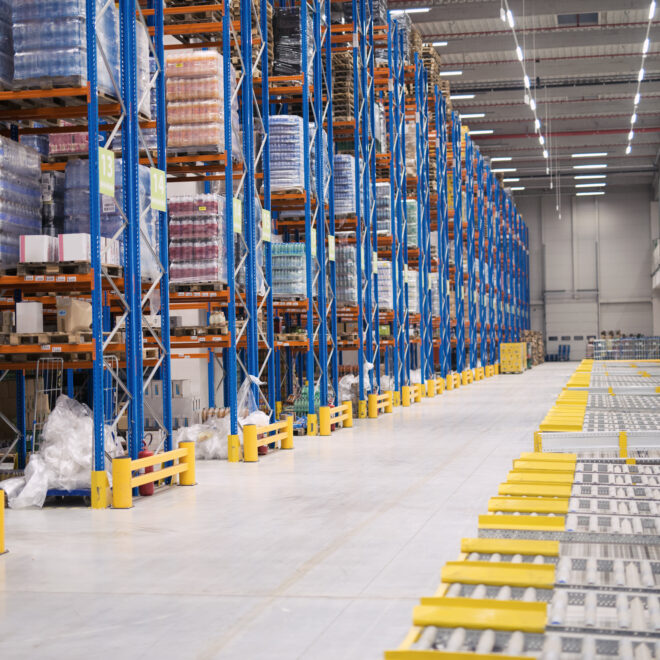Warehouse storage interior with shelves loaded with goods.